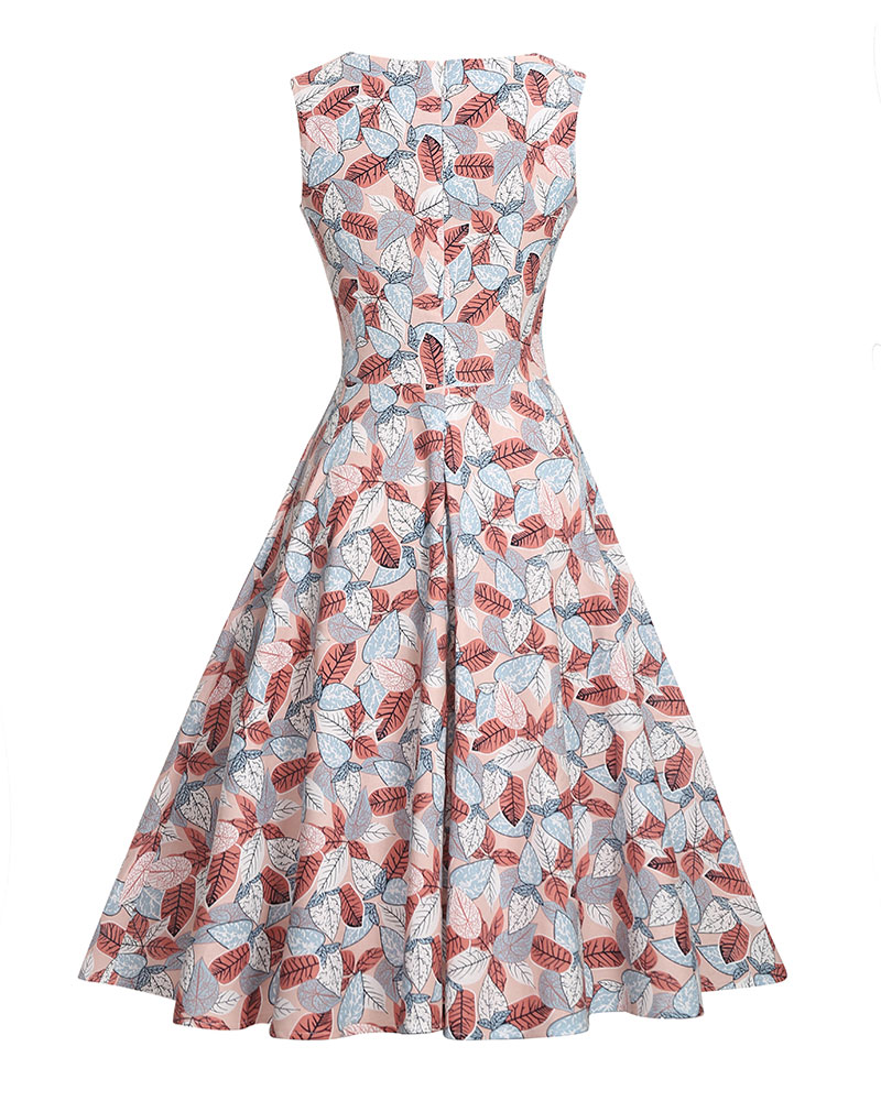 SZ60093-1 Pink Floral Print Sleeveless Skater Dress